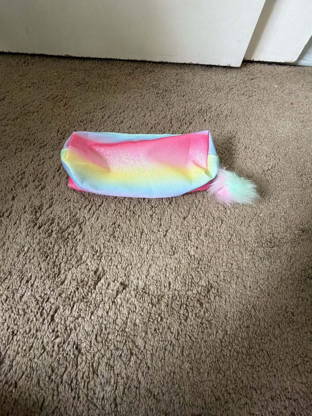 Rainbow Glitter Pencil Case with Fuzzy Pom-Pom